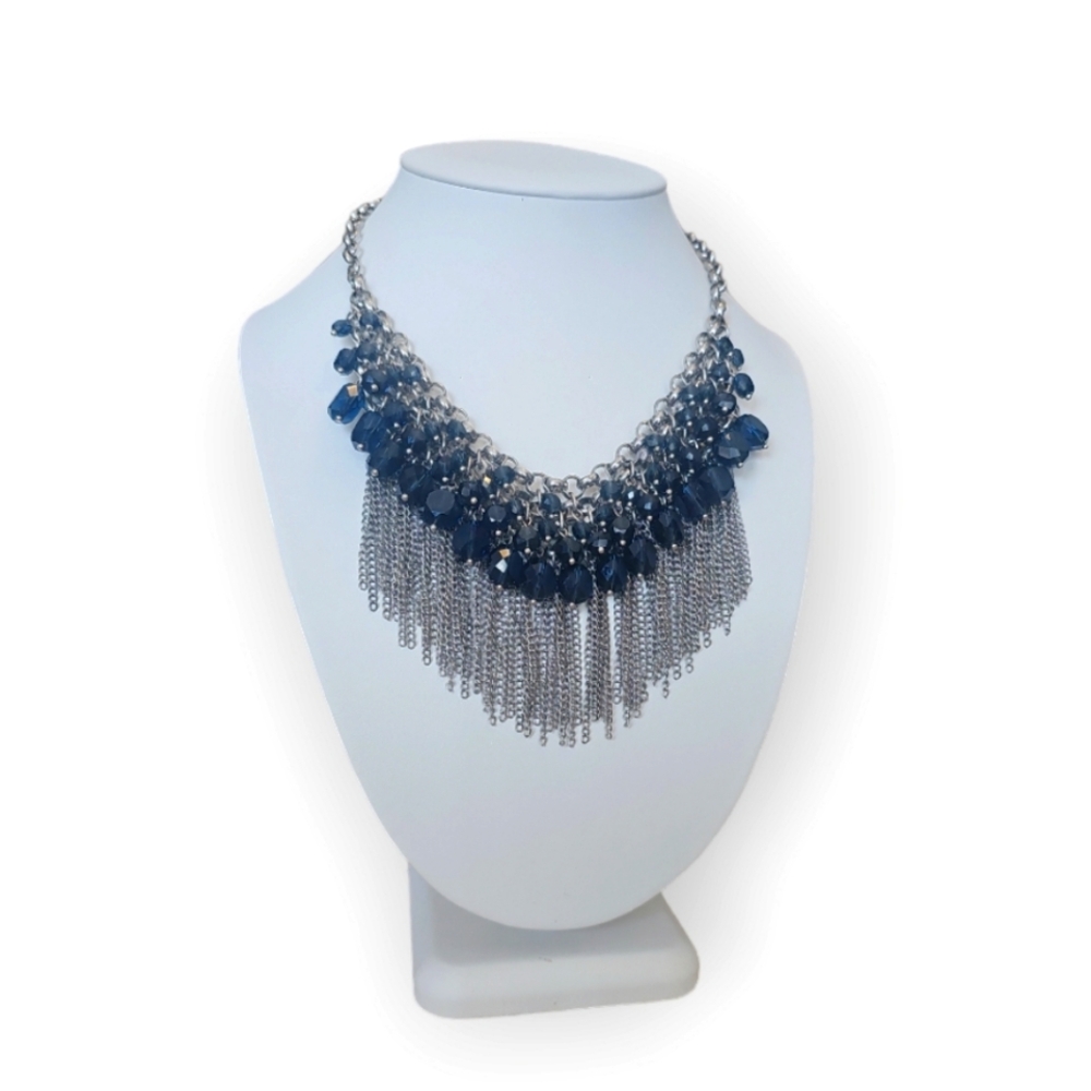 Vintage Sapphire Blue Crystal Silvertone  Beaded Necklace.